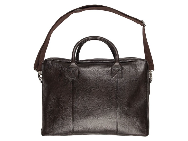 Braune Ledertasche für Laptop mit Schultergurt.