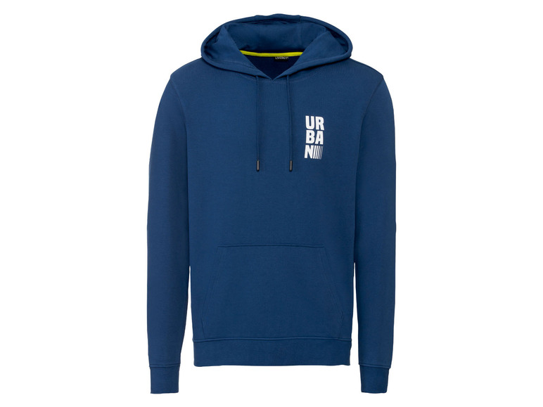 Ein blauer Kapuzenpullover von Livergy mit dem Schriftzug 'URBAN'
