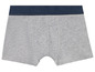 Graue Boxershorts mit blauem elastischem Bund.