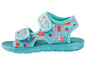 Blaue Sandalen mit Einhörnern und Donuts für Kinder.