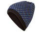 Eine schwarze Strickmütze mit blau-grauem Muster.