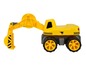 Ein gelbes Spielzeugbagger mit einem Arm und großen Rädern.