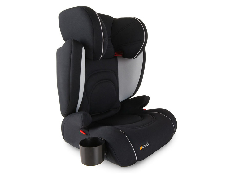 Ein schwarzer Hauck Autositz mit Getränkehalter.