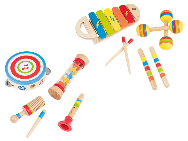 Ein Holz-Xylophon, Tamburin, Maracas und andere Musikinstrumente für Kinder.