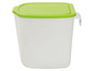 Eine weiße Aufbewahrungsbox mit grünem Deckel.