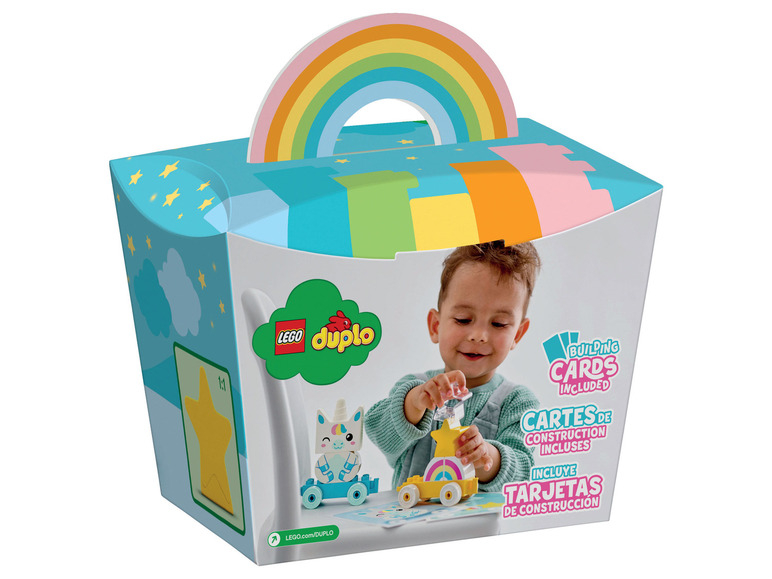 LEGO Duplo Box mit Einhorn und Auto, inklusive Baukarten.