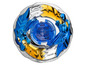 Blaue und goldene Beyblade mit drehender Spitze.
