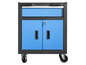 Ein blauer Werkzeugwagen mit einer Schublade und zwei Türen.