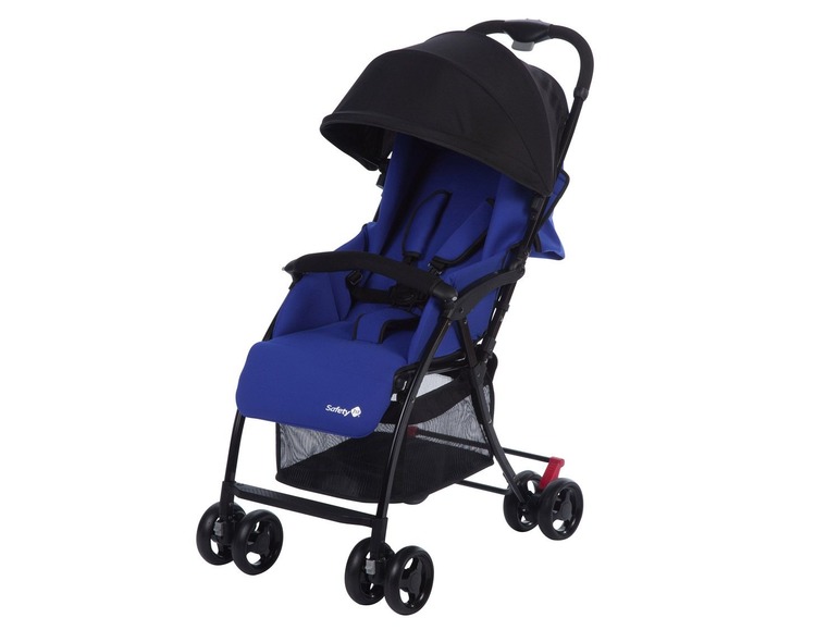 Ein blauer Safety 1st Kinderwagen mit schwarzen Rädern.
