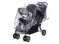 Ein schwarzer Kinderwagen mit einer transparenten Regenhaube.