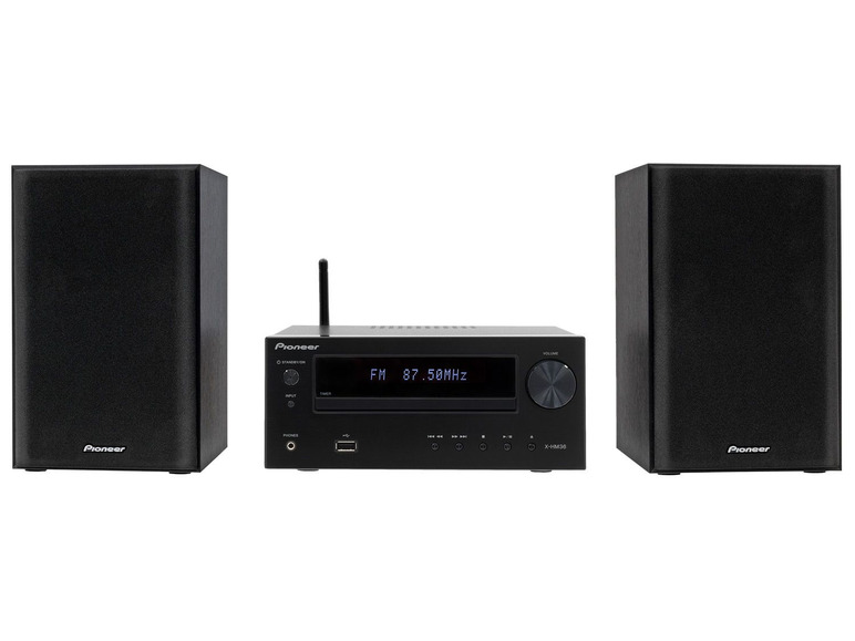 Pioneer Stereoanlage mit zwei Lautsprechern und Radio.