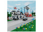 Ein LEGO Polizeirevier mit Polizeiautos, einem Feuerwehrauto und Hubschraubern.