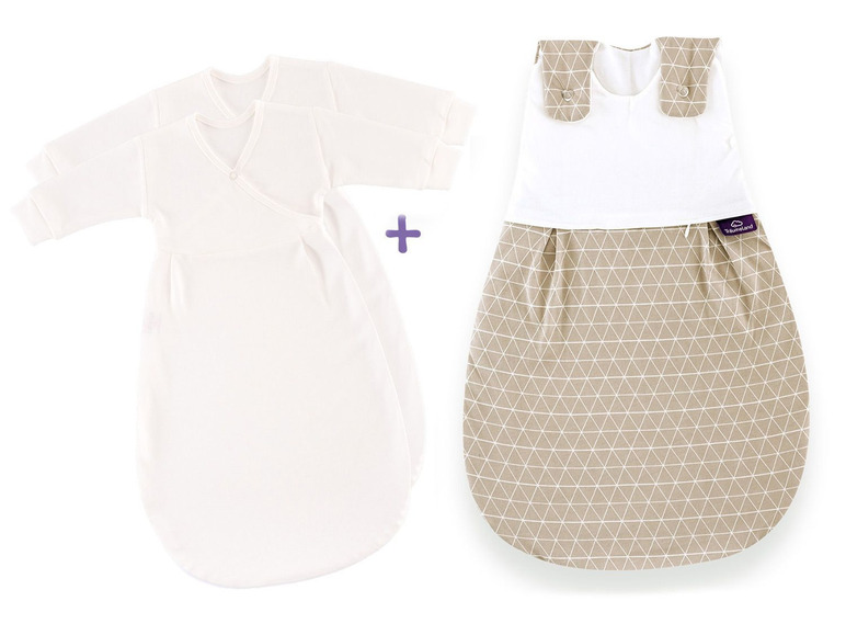 Zwei weiße Schlafsäcke mit langen Ärmeln und ein beiger Schlafsack mit Dreiecksmuster von Slumbersac.