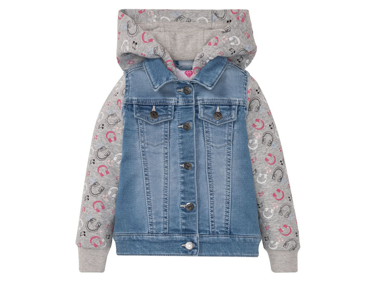 Eine Jeansjacke mit Kapuze und Musik-Print.