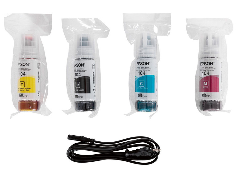 Epson EcoTank Tintenpatronen in Schwarz, Cyan, Magenta und Gelb, mit Kabel.