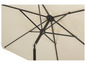 Ein beiger Sonnenschirm mit einem schwarzen Gestell.