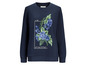 Dunkelblauer Pullover mit Blumendruck und dem Schriftzug 'spring feelings'.