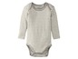 Ein gestreiftes Baby-Body mit langen Ärmeln der Marke Tuklu.