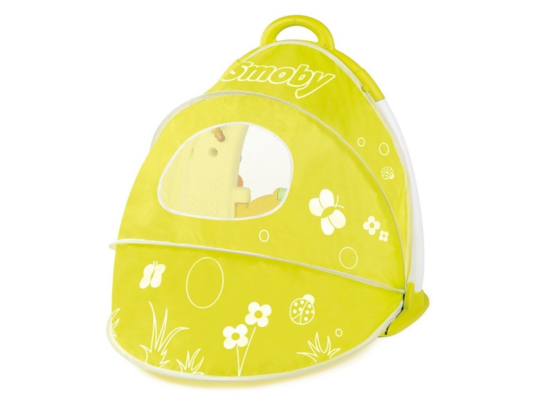 Gelber Smoby Spielplatz mit Schmetterlingen und Blumen.