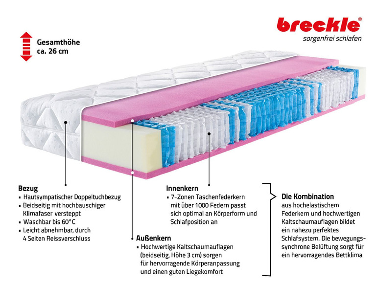 Gehe zu Vollbildansicht: Breckle 7-Zonen-Taschenfederkern-Matratze »Dream World TFK 1000«, 26 cm Höhe - Bild 3