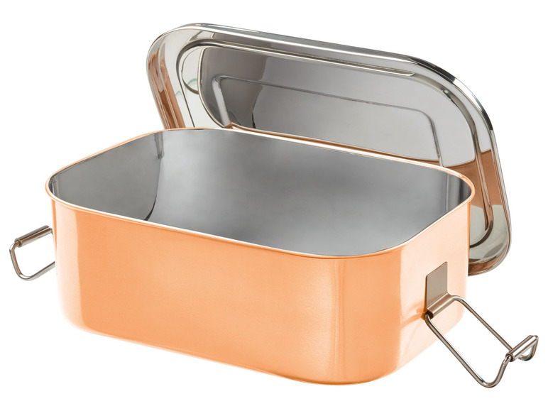 Eine geöffnete Edelstahl-Lunchbox mit kupferfarbener Außenseite.