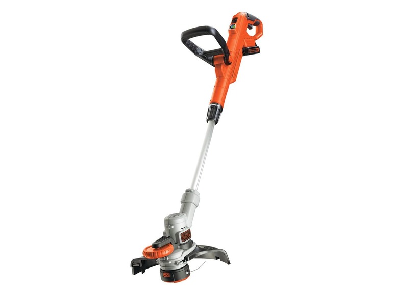 Ein orangefarbener Black+Decker Freischneider mit Fadenschneidekopf.