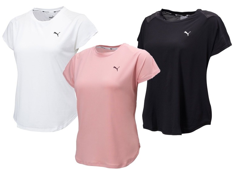 Drei Puma Trainingsshirts in Weiß, Rosa und Schwarz.