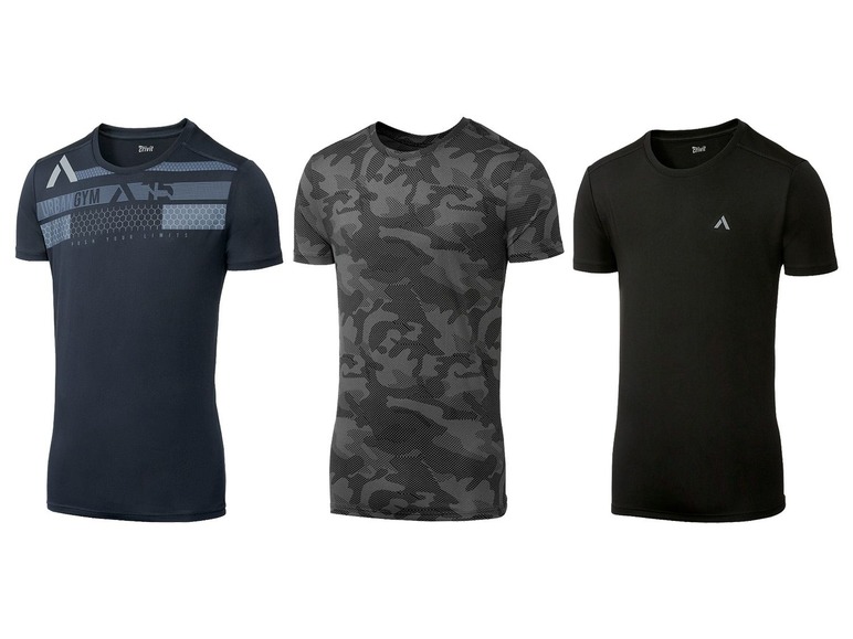 Drei Crivit T-Shirts mit unterschiedlichen Designs, darunter ein Camouflage-Muster.