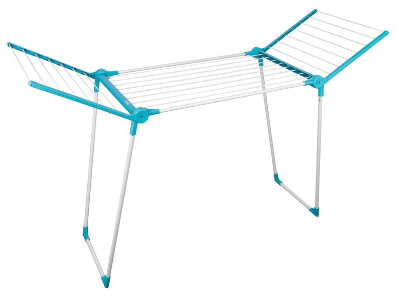 Ein blauer faltbarer Wäschetrockner mit einer weißen Trockenfläche.