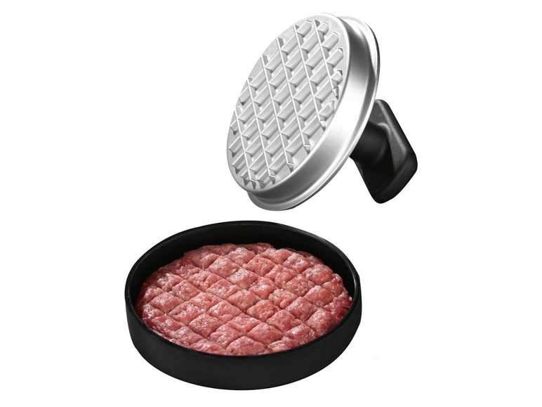 Ein Burger-Presswerkzeug mit einem geformten Patty.