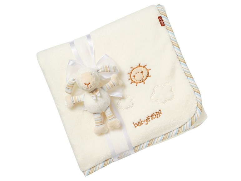 Babydecke von Babyfehn mit einem Lamm-Plüschtier.