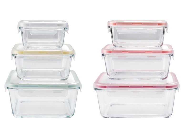 Zwei Sätze gläserner Aufbewahrungsbehälter mit farbigen Deckeln