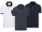 Drei Poloshirts von Livergy, in Weiß, Dunkelblau und Hellblau mit Punkten.