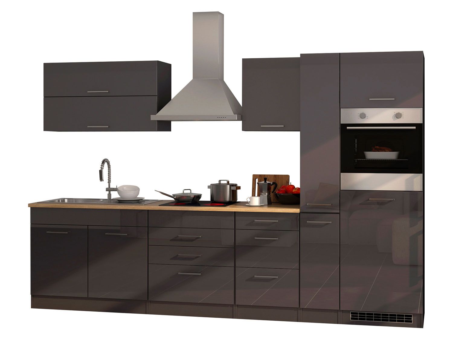 HELD Küchenzeile Mailand 220-390cm (inkl. E-Geräte, Hochglanz-grau/eiche sonoma, 320 cm) | 04251639434933