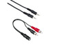 Zwei schwarze Audiokabel mit 3,5 mm Steckern und ein roter und weißer RCA-Stecker.