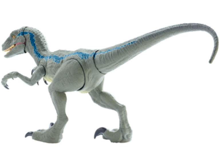 Eine graue Velociraptor-Spielzeugfigur aus Plastik.