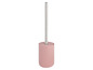 Eine rosafarbene Toilettenbürste mit silbernem Stiel.