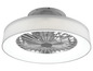 Ein weißer Deckenventilator mit einem runden Metallgebläse.