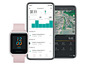 Eine rosa Amazfit Smartwatch mit einer Smartphone-App, die Trainingsdaten anzeigt, darunter Radfahren im Freien und Laufen.