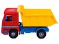 Ein roter LKW mit gelber Kippmulde.
