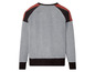 Ein grauer Pullover mit schwarzen und roten Details.