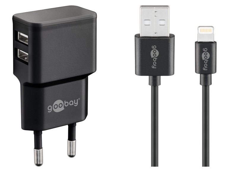 Gehe zu Vollbildansicht: Goobay Dual USB-A 2.0 auf Apple Lightning-Ladeset (12W), schwarz - Bild 1