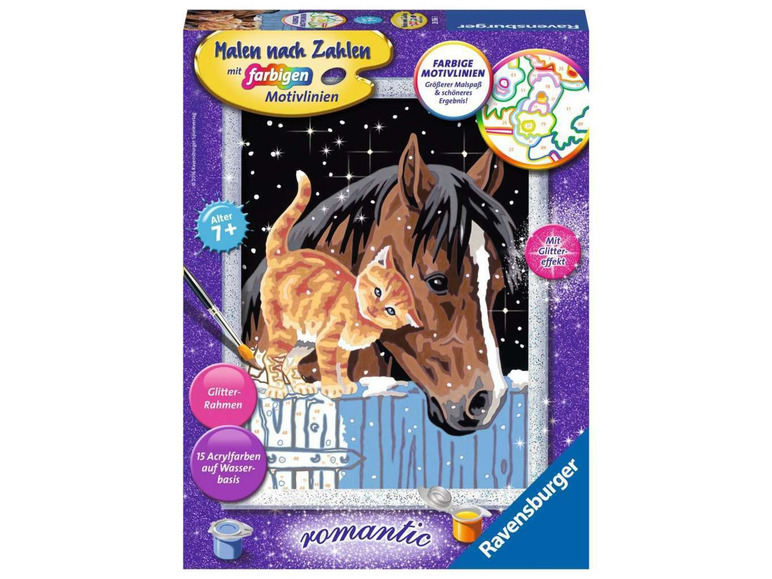 Ravensburger Malen nach Zahlen Set mit Pferd und Katze, Glitzereffekt.
