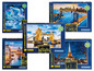 Vier leuchtende Puzzles von Clementoni mit Bildern eines Eisbären, der Tower Bridge, der Brooklyn Bridge und des Eiffelturms.