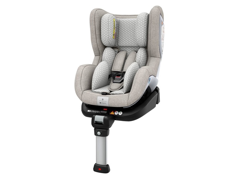 Ein grauer Autositz mit weißen Punkten für Babys.