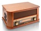 Vintage Holzradio mit CD-Player und Plattenspieler.