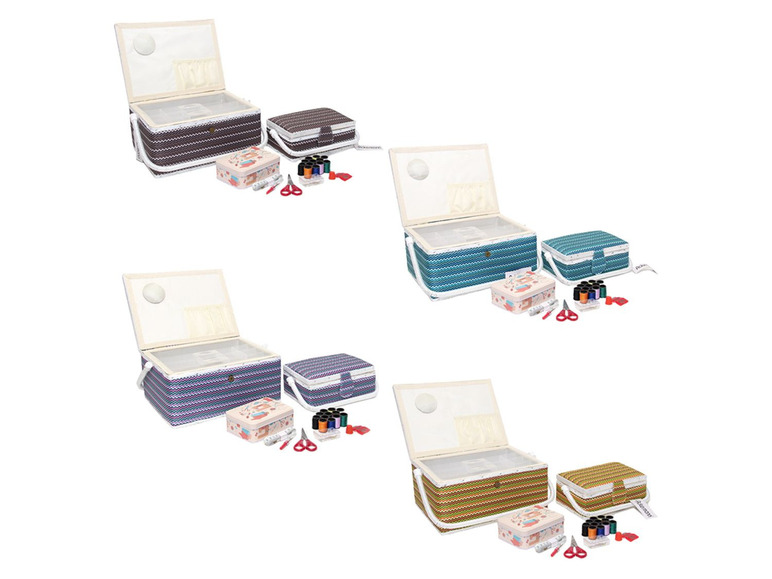 Drei Sets mit Nähkästen und Zubehör in verschiedenen Farben.