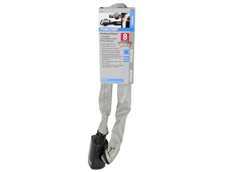 Ein graues Fischer Proline Fahrradschloss mit 80 cm Länge und 8 mm Dicke.