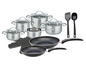 Ein Kochgeschirr-Set mit Töpfen, einer Bratpfanne und Küchenutensilien.