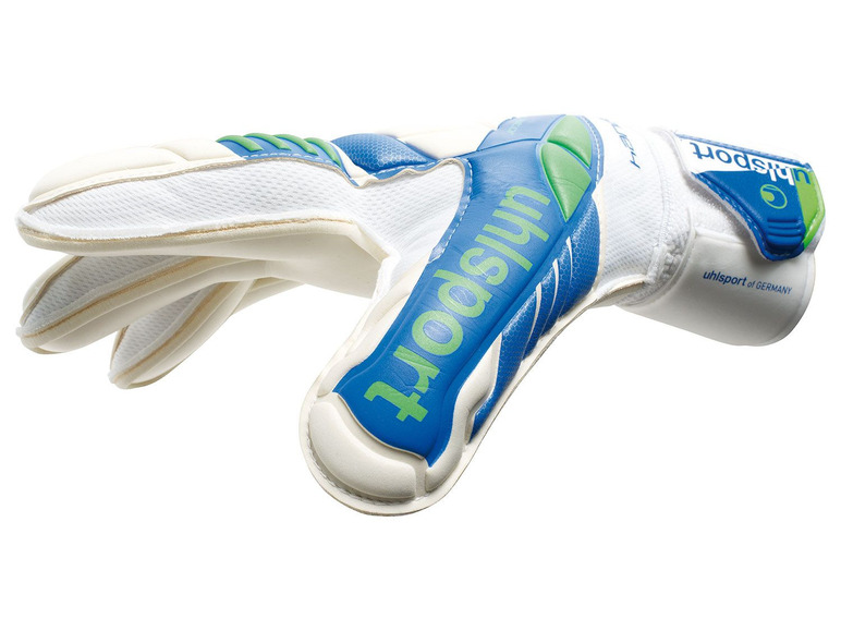 Weiße Torwarthandschuhe mit blauen und grünen Akzenten von Uhlsport.